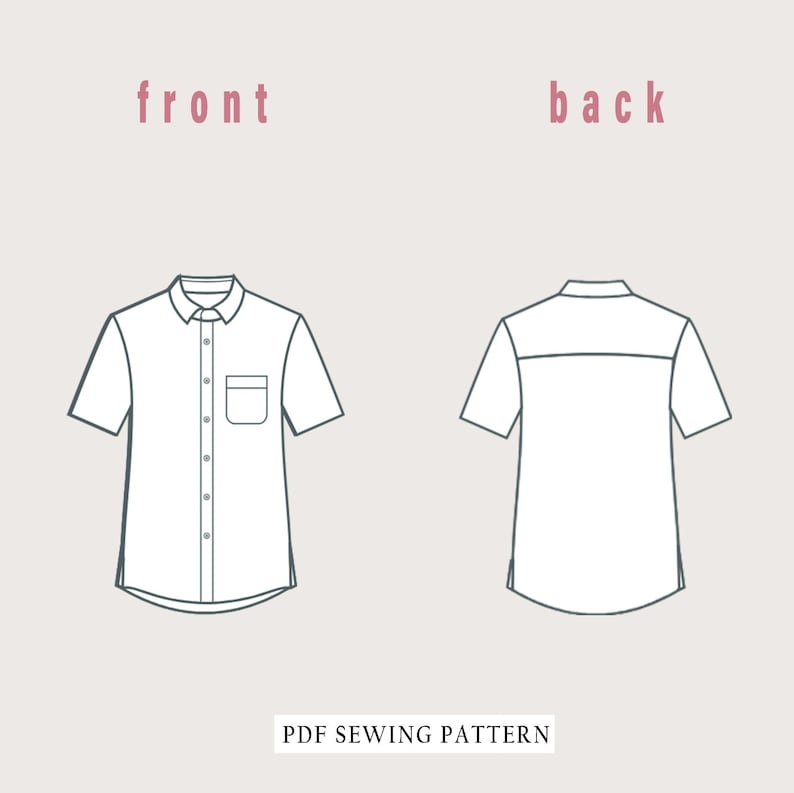 May include: A sewing pattern for a short-sleeved button-up shirt. The pattern includes instructions for both the front and back of the shirt.