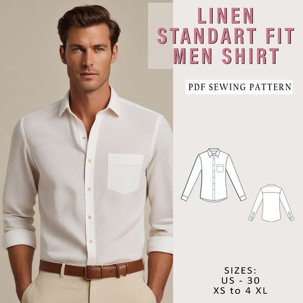 Standart Fit Linen Shirt Sewing Pattern, Shirt Pattern for Men, Button Up Shirt Pattern, Mens Sewing Pattern, Men Size 36 to 56, S to 4 XL