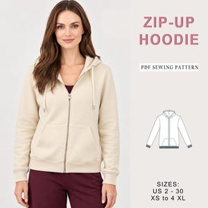 Women's Zip-Up Hoodie Sewing Pattern, Women Hoodie Pattern, Hooded Sweatshirt Pattern, Hooded Sweatshirt Pattern with Pockets,  Sizes XS-4XL