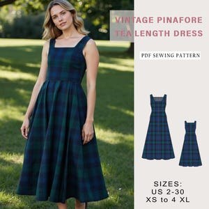 Op de afbeelding: Een PDF-naaipatroon voor een vintage pinafore-jurk met theelengte. Het patroon bevat instructies voor maten 34-52, XS tot 4XL. De jurk is afgebeeld in een blauw-groene geruite stof.