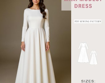 Modest Maxi Dress Sewing Pattern, Boat Neck Long Sleeve Dress, Easy Dress Pattern, Prom Dress, Evening Dress, Cocktail Dress, Circle Dress,