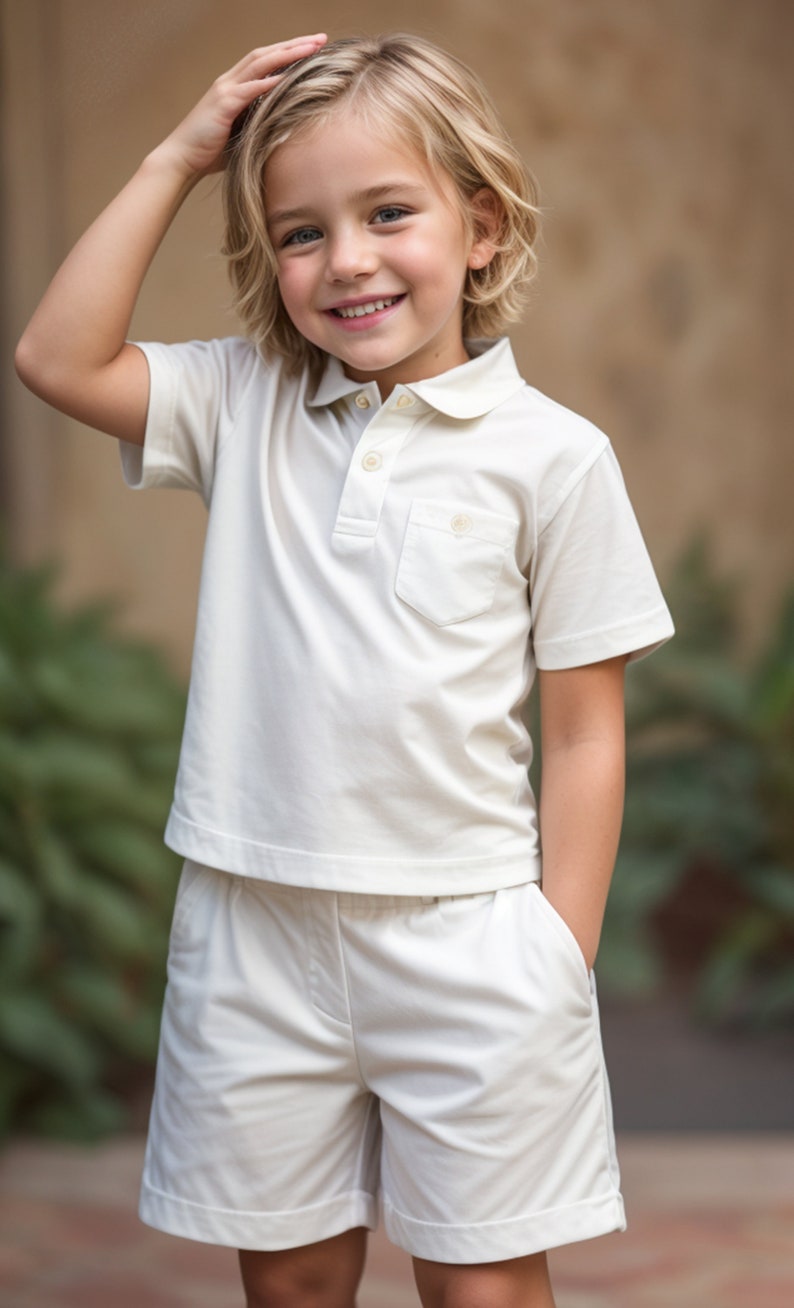 Puede incluir: Un ni&ntilde;o peque&ntilde;o con una camisa polo blanca de manga corta y pantalones cortos blancos a juego. El ni&ntilde;o sonr&iacute;e y tiene el pelo rubio.