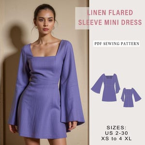 Patron de mini robe en lin à manches évasées : coupe trapèze, col carré (Patron PDF)