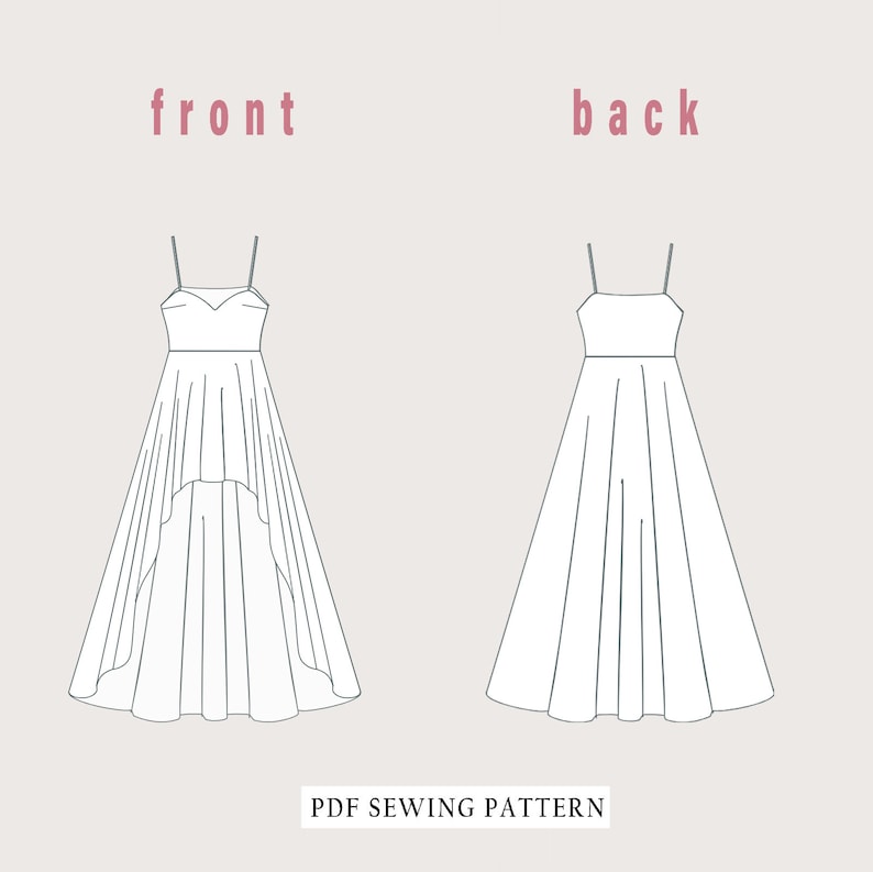 Puede incluir: Un dibujo de l&iacute;nea de un patr&oacute;n de costura de vestido con un dobladillo alto-bajo. Se muestran las vistas frontal y posterior del vestido. El texto "front" y "back" est&aacute; escrito encima de cada vista. El texto "PDF Sewing Pattern" est&aacute; escrito debajo del vestido.