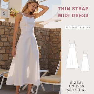 Patrón de costura de vestido largo de lino, patrón de vestido de verano con tirantes, patrón de vestido suelto, tamaño: A0 A4 Carta de EE. UU. - EE. UU. 2 a 30