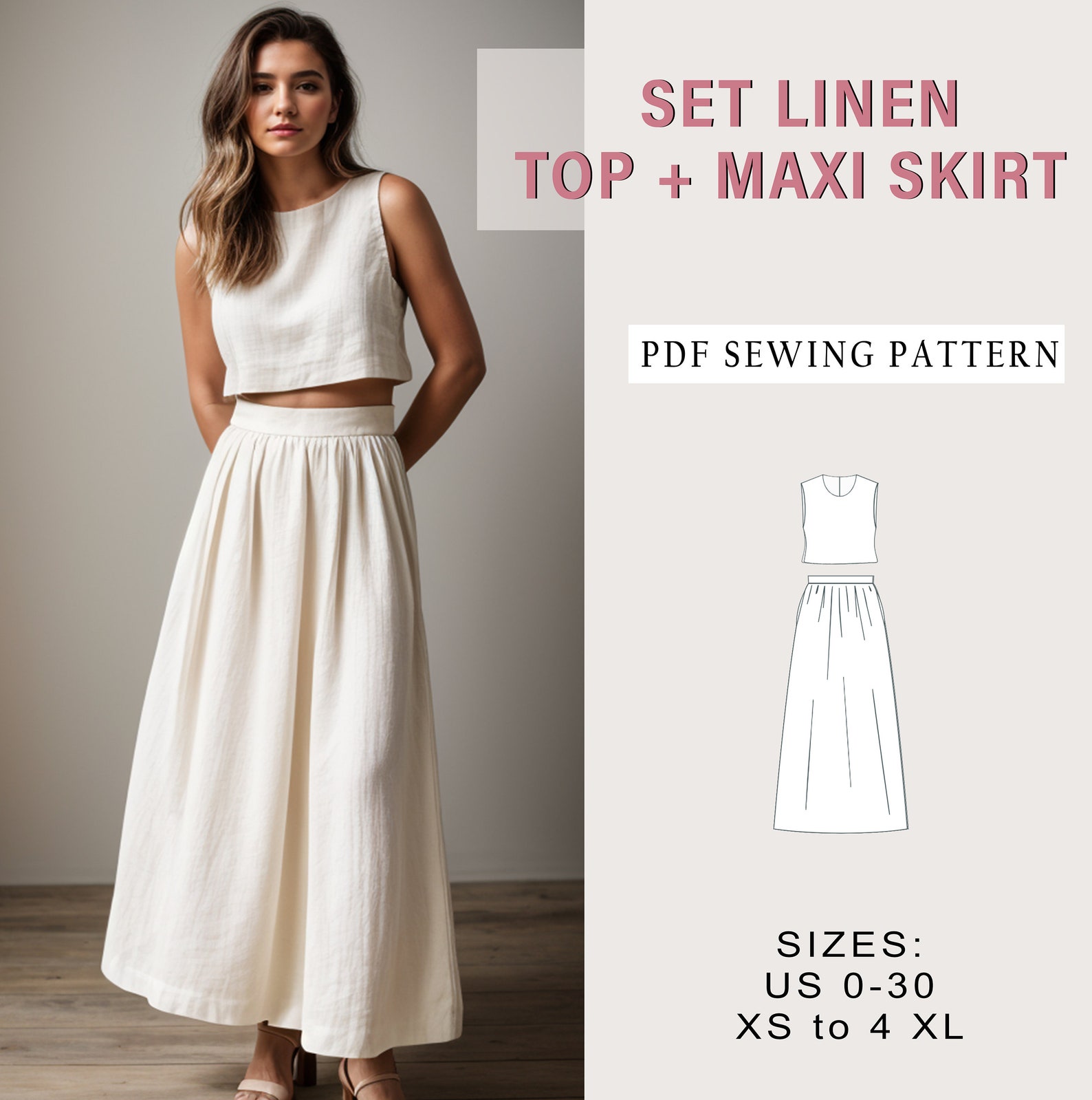 Set Linen Top and Maxi Skirt Sewing Pattern, Linen Gathered Maxi Skirt ...