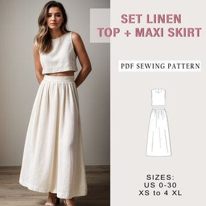 May include: A woman wearing a cream-colored linen top and maxi skirt set. The image includes the text "SET LINEN TOP + MAXI SKIRT" and "PDF SEWING PATTERN". The size range is US 0-30 and XS to 4 XL. The outfit is a light, neutral color.