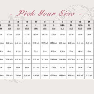 May include: Size chart for clothing with measurements in inches and centimeters. The chart shows sizes from XS to 4XL, with corresponding bust, waist, and hip measurements.