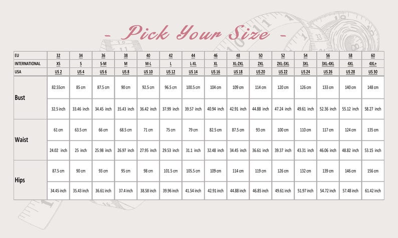 May include: Size chart for clothing with measurements in inches and centimeters. The chart shows sizes from XS to 4XL, with corresponding bust, waist, and hip measurements.