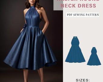 May include: A PDF sewing pattern for a halter round neck dress. The pattern includes instructions for sizes US 2-30, XS to 4XL. The dress is shown in a dark blue color with a fitted bodice and a full skirt.