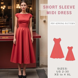 Boat Neck Midi Dress Sewing Pattern: Short Sleeve Full Circle (PDF Pattern)