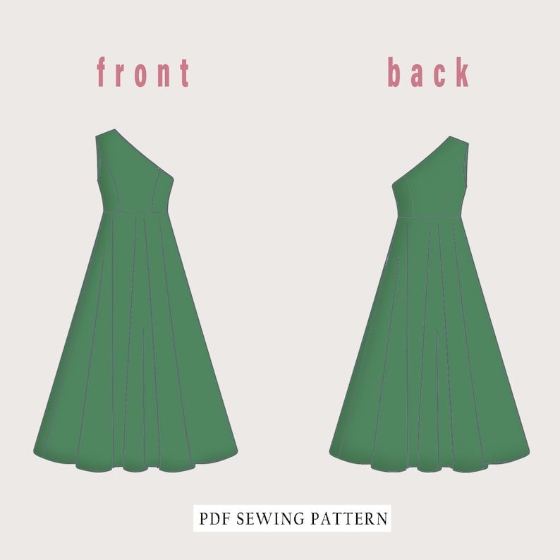 May include: A PDF sewing pattern for a green one-shoulder dress. The pattern includes front and back views of the dress.