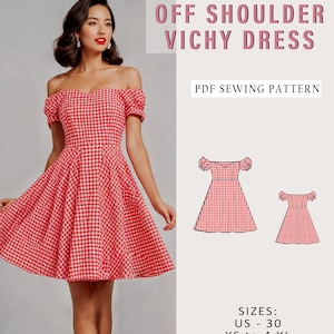 Puede incluir: Un patrón de costura PDF para un vestido vichy de hombros descubiertos. El patrón incluye instrucciones para las tallas XS a 4XL (tallas españolas 34 a 52).