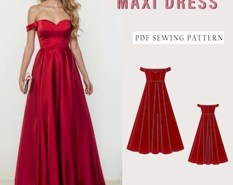 Patrón de costura de vestido de cuello de novia con hombros descubiertos, vestido de fiesta PDF Patrón de costura Descarga instantánea, Vestido de dama de honor, Tallas de EE. UU. 2-30 Tallas grandes