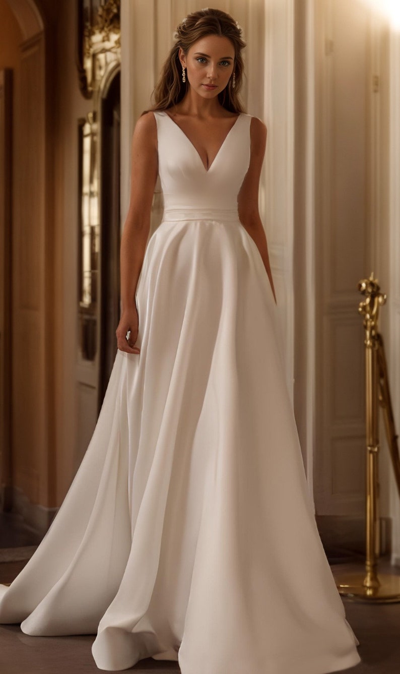 May include: A simple, elegant white satin wedding dress with a v-neckline and a fitted bodice. The skirt is full and flowing, creating a classic and timeless silhouette.