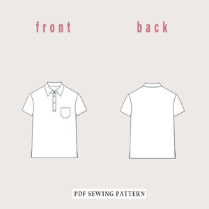 Puede incluir: Un patr&oacute;n de costura de polo blanco con vista frontal y posterior. El patr&oacute;n incluye un bolsillo en la parte delantera. El texto "front" y "back" est&aacute; escrito encima de las im&aacute;genes de la camisa. El texto "PDF SEWING PATTERN" est&aacute; escrito debajo de las im&aacute;genes.