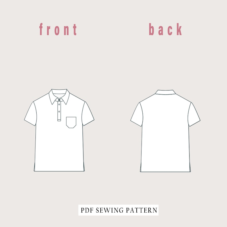 Puede incluir: Un patr&oacute;n de costura de polo blanco con vista frontal y posterior. El patr&oacute;n incluye un bolsillo en la parte delantera. El texto "front" y "back" est&aacute; escrito encima de las im&aacute;genes de la camisa. El texto "PDF SEWING PATTERN" est&aacute; escrito debajo de las im&aacute;genes.