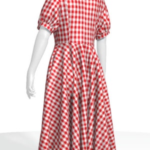 May include: A red and white gingham dress with a fitted bodice and a full skirt. The dress has short puff sleeves and a round neckline.