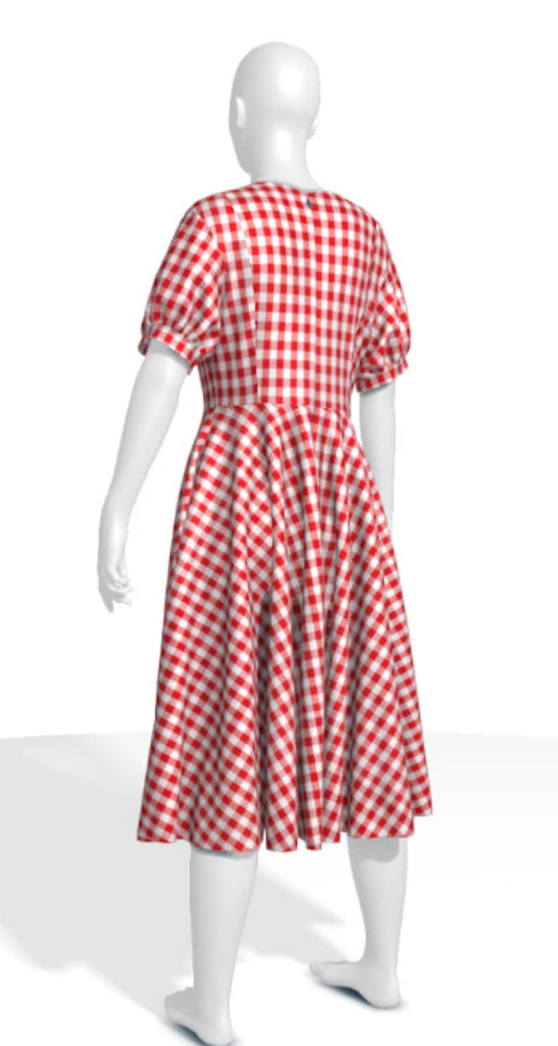 May include: A red and white gingham dress with a fitted bodice and a full skirt. The dress has short puff sleeves and a round neckline.