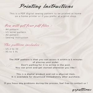 May include: A digital sewing pattern with instructions for printing at home. The text includes details about the PDF files, sizes (US 2 to 30, XS to 5XL), and immediate download. The image has the text "Printing Instructions" and "yspatterns".