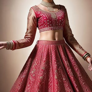 May include: A woman wearing a red and gold embroidered lehenga with a matching choli. The lehenga is a traditional Indian garment worn for special occasions.
