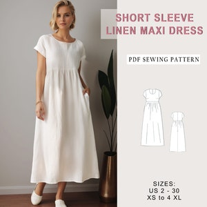 Vestido longo de linho com manga curta, padrão de costura para vestido de verão com franzido em linho, cintura império, padrão para vestido de verão, vestido de leiteira, vestido circular