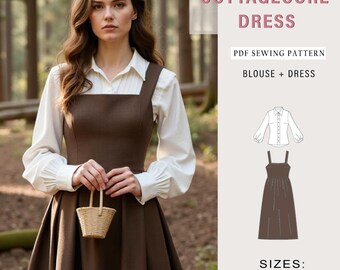 Cottagecore Dress Sewing Pattern: Bishop Sleeve Blouse & Pinafore (A0-A4-Letter, XS-4XL) (Digital Download)