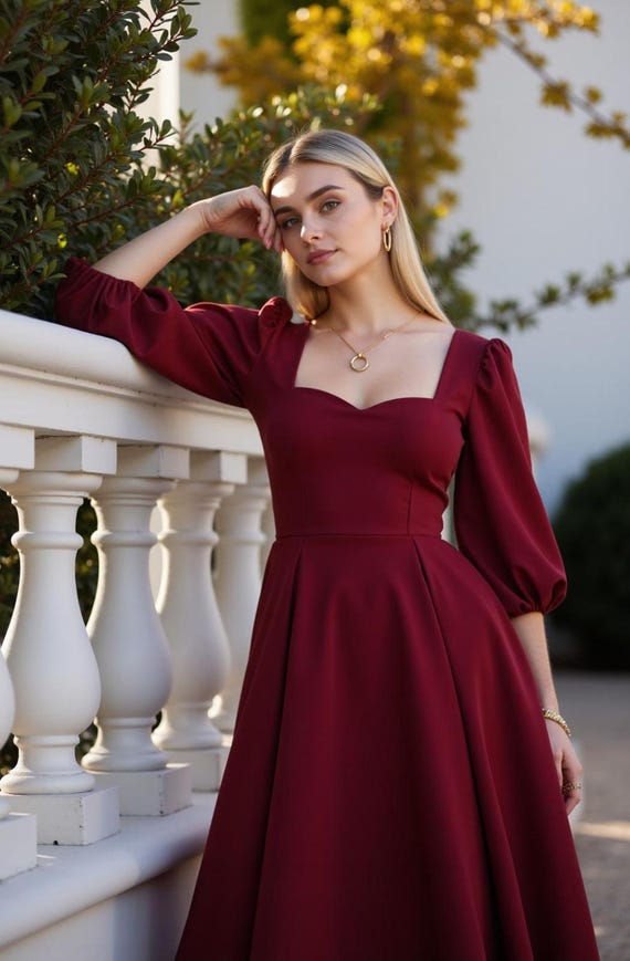 sweetheart neckline burgundy dress WD2154 Vintage Arabic Style Wedding Dress Attachable Train ,Burgundy L –  Siaoryne main image 0