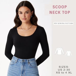 Könnte beinhalten: Ein schwarzes Oberteil mit Rundhalsausschnitt und langen Ärmeln. Das Bild enthält den Text "SCOOP NECK TOP" und "PDF SEWING PATTERN". Größen sind als US 2-30 und XS bis 4 XL angegeben.