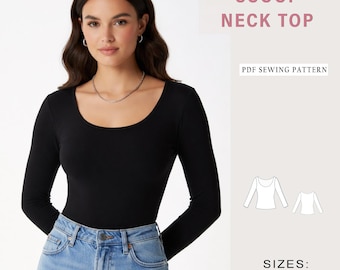 Wide Scoop Neck Long Sleeve Top Sewing Pattern | Women’s Fitted Stretch T-Shirt | Basic Knit Tee PDF Pattern | Beginner Friendly | XS–4XL