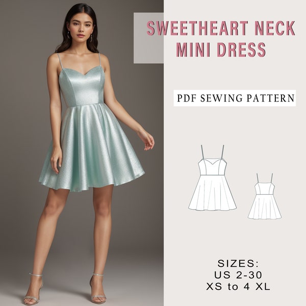 Sweetheart Neck Mini Dress, Prom Dress Sewing Pattern, Babydoll Mini Dress,Mini Prom Dress, Cocktail Dress, Homecoming Dress, A4 A0, XS-4XL