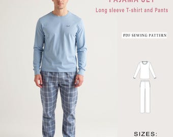 Men's Pajama Set Bundle Sewing Pattern, Easy Pajama Sewing Pattern, Men Pajama Pants and Long Sleeve T-Shirt,Relax Men Pajama Pattern,XS-4XL