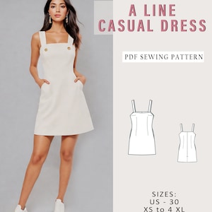 Puede incluir: Patrón de costura para un vestido casual de línea A en formato PDF. El patrón incluye las tallas españolas 36 a 52, XS a 4XL.