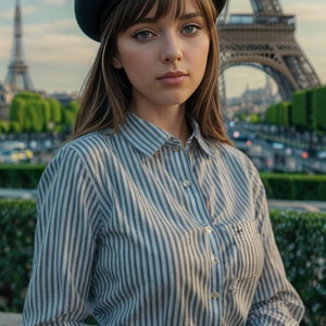 Pu&ograve; includere: Una persona indossa un basco nero e una camicia a righe blu e bianche. La camicia &egrave; abbottonata. Una cintura marrone &egrave; indossata in vita. La Torre Eiffel &egrave; visibile sullo sfondo.