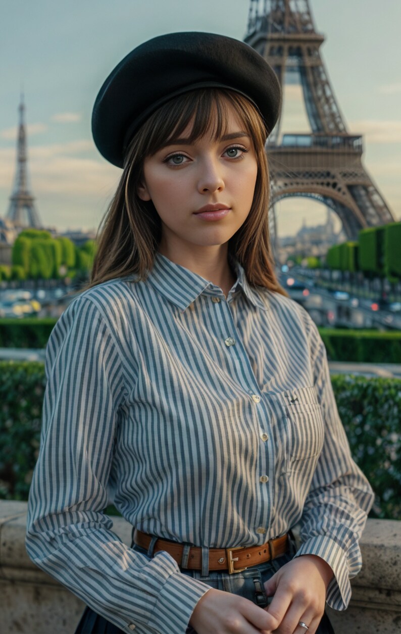 Pu&ograve; includere: Una persona indossa un basco nero e una camicia a righe blu e bianche. La camicia &egrave; abbottonata. Una cintura marrone &egrave; indossata in vita. La Torre Eiffel &egrave; visibile sullo sfondo.