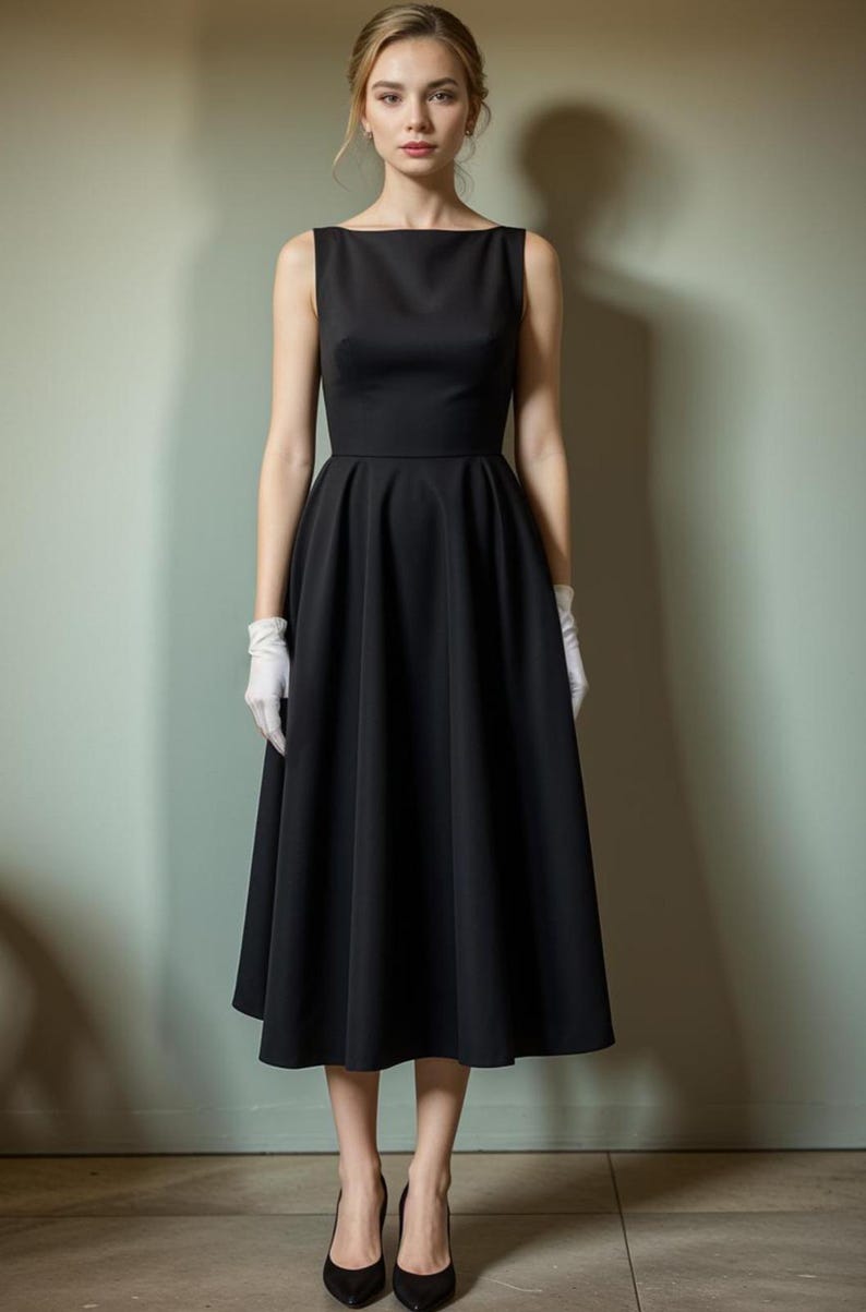 Pu&ograve; includere: Un abito midi nero senza maniche con scollo a barca e gonna ampia. L'abito &egrave; aderente in vita e ha un design semplice ed elegante.