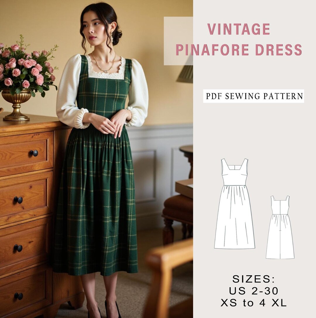 Vintage Square Neck Pinafore Dress Sewing Pattern PDF Pattern Etsy