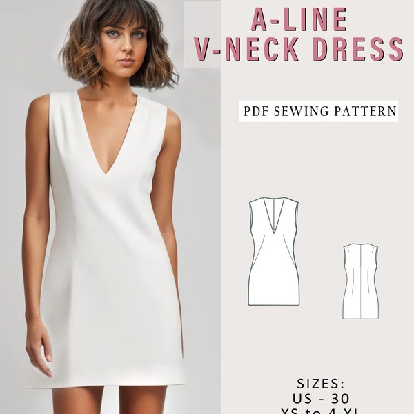Mini vestido sin mangas con cuello en V, vestido ajustado, patrón de costura digital, tallas de EE. UU. XS-5XL, PDF, vestido de línea A4 A0 letra