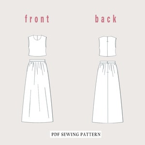 May include: A PDF sewing pattern showing the front and back views of a two-piece outfit. The outfit includes a sleeveless top and a long, flowing skirt. The text "front" and "back" are above the respective views. The words "PDF SEWING PATTERN" are at the bottom.