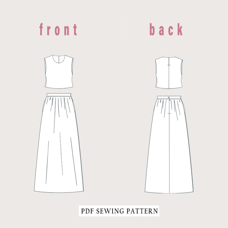 May include: A PDF sewing pattern showing the front and back views of a two-piece outfit. The outfit includes a sleeveless top and a long, flowing skirt. The text "front" and "back" are above the respective views. The words "PDF SEWING PATTERN" are at the bottom.