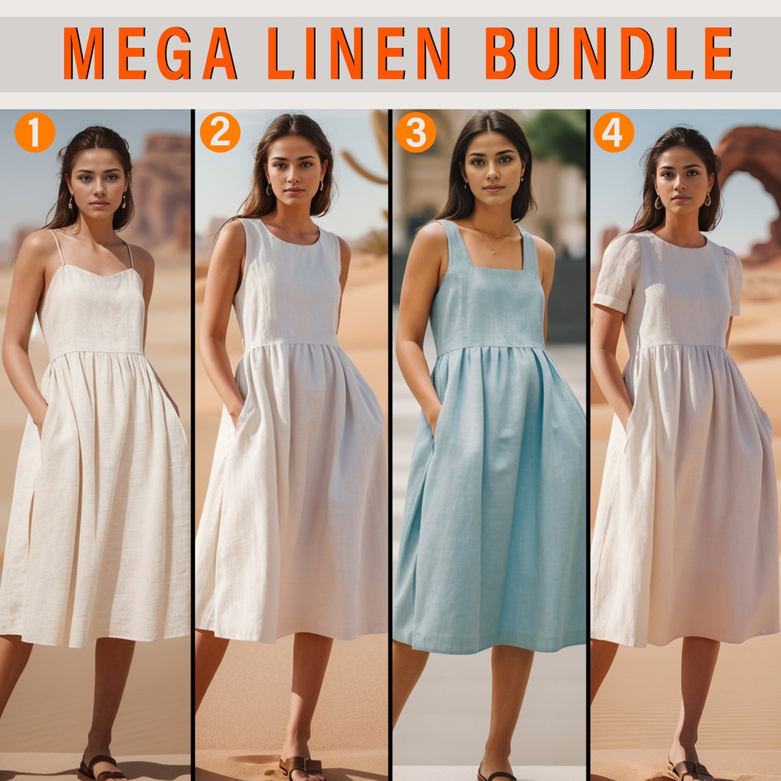 Mega Linen Dress Bundle 5 Sewing Patterns, Thin Strap Linen Dress, Midi ...