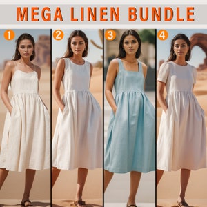 Mega Linen Dress Bundle 5 Schnittmuster, Dünnes Träger Leinenkleid, Midi Kittel-Leinenkleid, Kurzarm Leinenkleid, Leinenkleid mit Rechteck-Ausschnitt