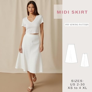 May include: A woman wearing a white V-neck crop top and a white midi skirt. The image includes a PDF sewing pattern for a midi skirt, with text that reads "MIDI SKIRT" and "PDF SEWING PATTERN". Sizes range from US 2-30 and XS to 4 XL.