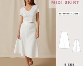 Midi Skirt Sewing Pattern, Easy Midi Skirt Pattern, Boho Skirt, A-Line Skirt, Elastic Waist Skirt, Size A4-A0-LETTER US 2-30