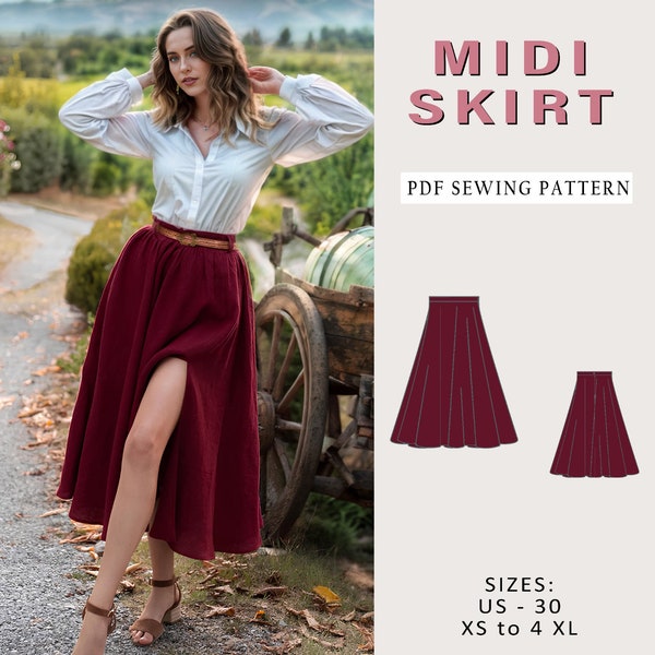 Midi Skirt Sewing Pattern, Full Circle Skirt, Circle Skirt, Elastic Waist Skirt, Women Linen Skirt, PDF Sewing Skirt, Simple Skirt A4 A0 US