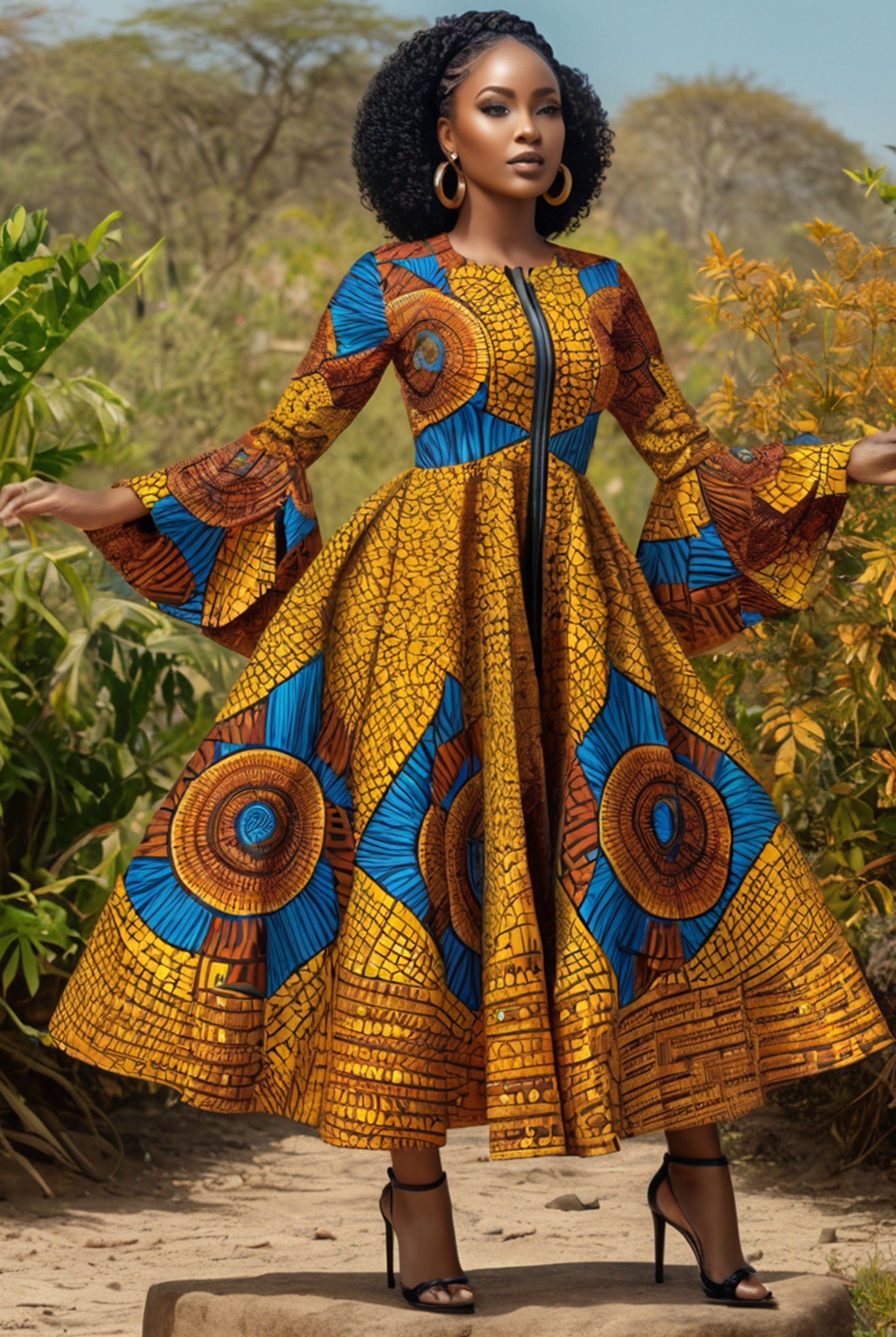 African Ruffle Sleeve Jacket Dress Sewing Pattern, Front Zipper