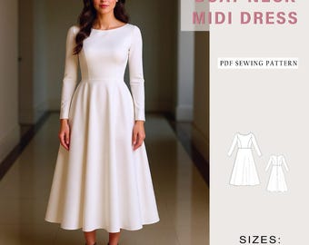May include: A woman in a white boat neck midi dress with long sleeves and a flared skirt. The image includes text: "BOAT NECK MIDI DRESS" and "PDF SEWING PATTERN". Available sizes are US 2-30 and XS to 4 XL. The dress is a sewing pattern.