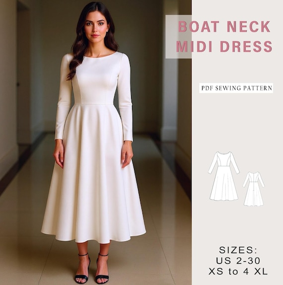 Boat Neck Long Sleeve Midi Dress Sewing Pattern, Simple Dress, Easy Dress  Pattern, Modest Dress, Cocktail Dress, Circle Dress, Prom Dress,