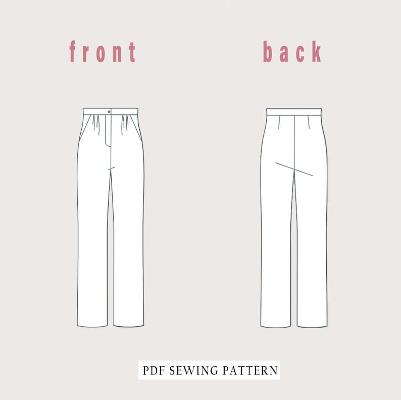 Puede incluir: Dibujo lineal de un pantal&oacute;n, vistas delantera y trasera, con las palabras "front" y "back" encima de cada vista. El texto "PDF SEWING PATTERN" est&aacute; en la parte inferior.