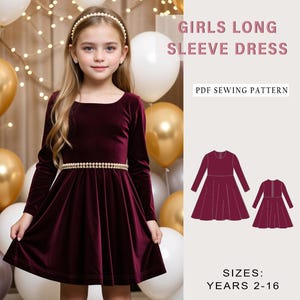 Patrón de vestido de manga larga para niños, vestido de Navidad para niñas, patrón de costura de vestido para niñas, patrón de costura de vestido para niños en PDF, tamaño A0 A4, letra estadounidense para niñas